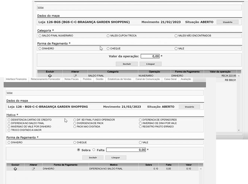 Interface legada do sistema C&A
