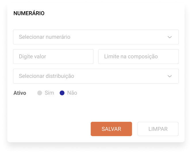 Formulário de numerário com hierarquia de dados e cores de status