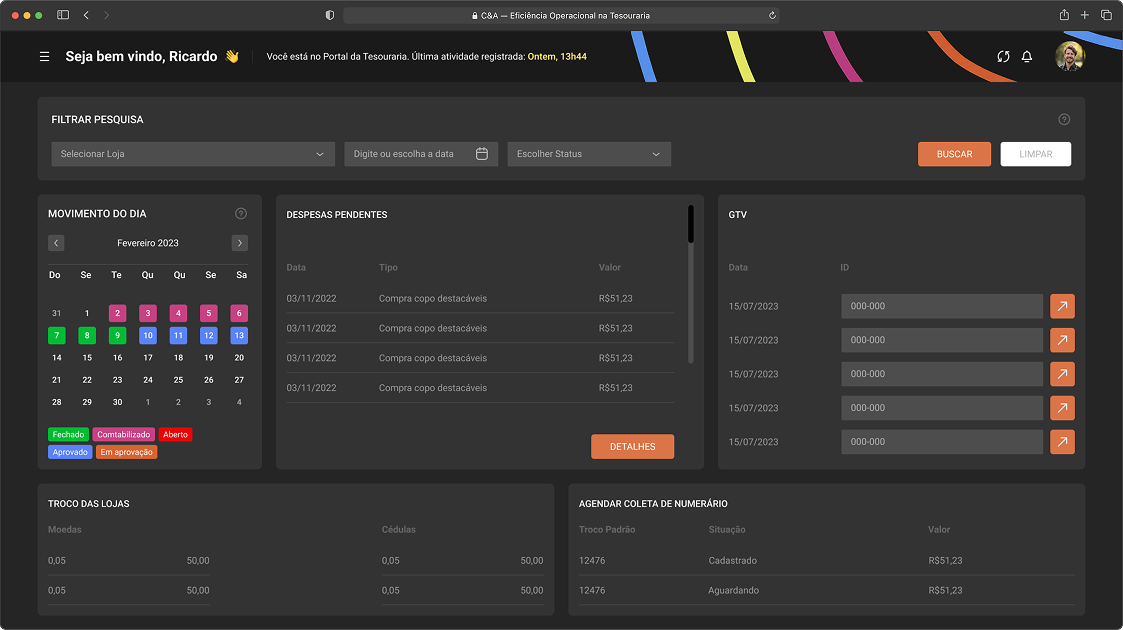 Dashboard do sistema C&A com menu de navegação aberto