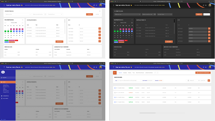 Colagem com quatro telas do sistema C&A: dashboard, menu e mapa de tesouraria